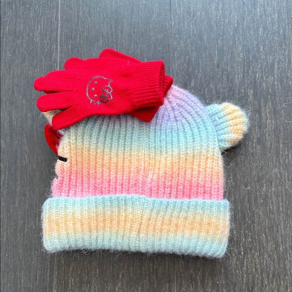 Hello Kitty Multicolor Knit Hat/Red Gloves - Picture 2 of 3